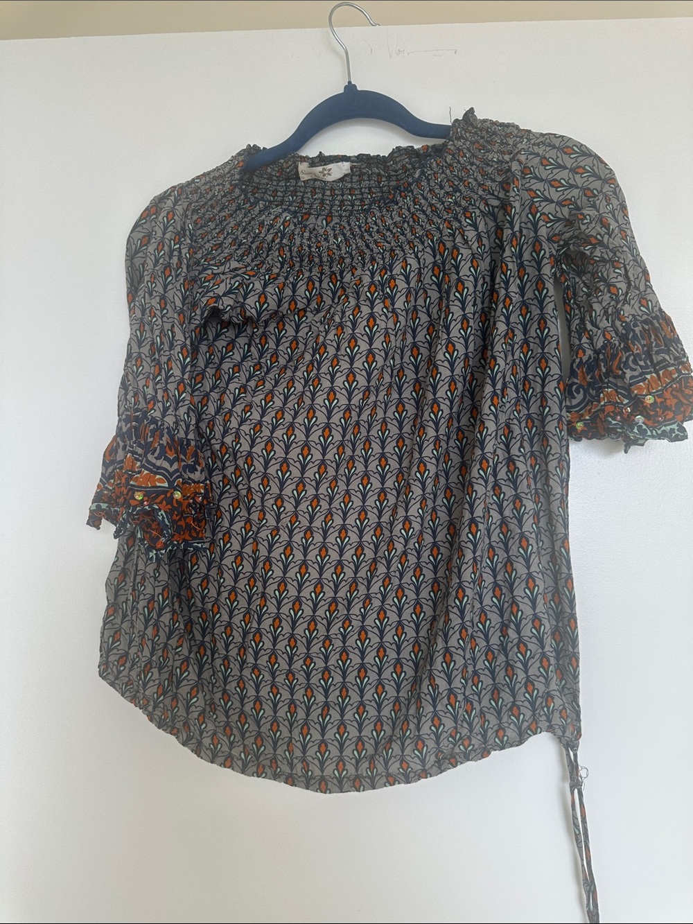 Smocked-Neck Floral Print Blouse in Black and Orange